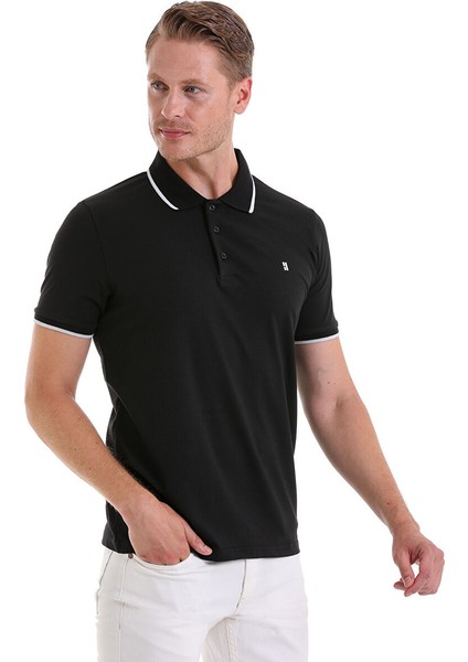 Siyah Regular Fit Düz 100% Pamuklu Polo Yaka Tişört