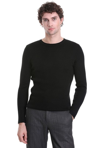 Siyah Slim Fit Fitilli Bisiklet Yaka Yünlü Triko Kazak
