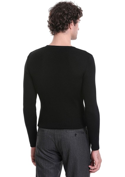 Siyah Slim Fit Fitilli Bisiklet Yaka Yünlü Triko Kazak