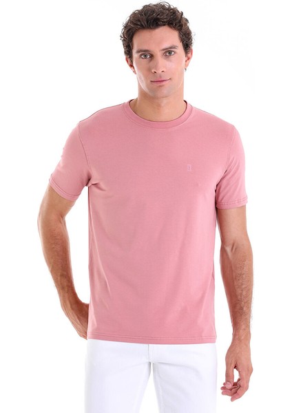 Pembe Regular Fit Düz Bisiklet Yaka Pamuklu Triko Tişört