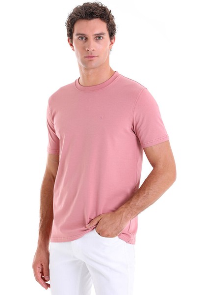 Pembe Regular Fit Düz Bisiklet Yaka Pamuklu Triko Tişört