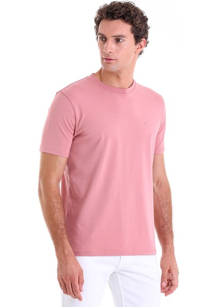 Pembe Regular Fit Düz Bisiklet Yaka Pamuklu Triko Tişört