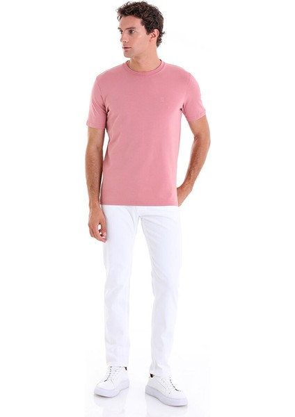 Pembe Regular Fit Düz Bisiklet Yaka Pamuklu Triko Tişört