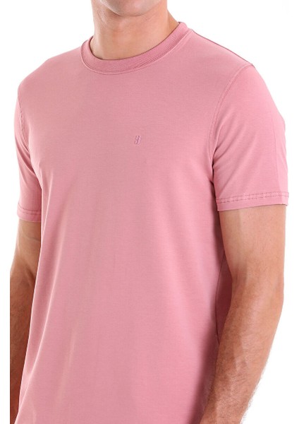Pembe Regular Fit Düz Bisiklet Yaka Pamuklu Triko Tişört