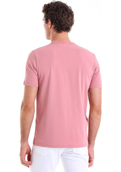 Pembe Regular Fit Düz Bisiklet Yaka Pamuklu Triko Tişört