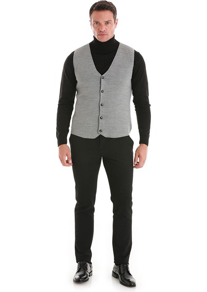 Gri Regular Fit Düz V Yaka Triko Yelek