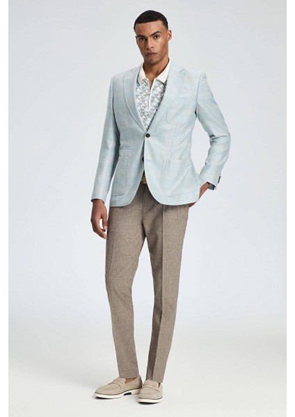 Ipek-Yün Karışım Ekose Desenli Orta Mavi Blazer Ceket