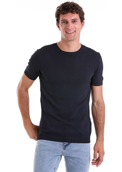 Lacivert Regular Fit Düz Bisiklet Yaka Rayon Triko Tişört