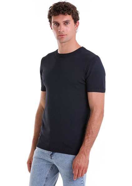 Lacivert Regular Fit Düz Bisiklet Yaka Rayon Triko Tişört