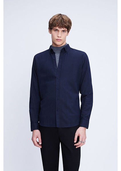 Lacivert Slim Fit Uzun Kol Düğmeli Yaka Flanel Gömlek