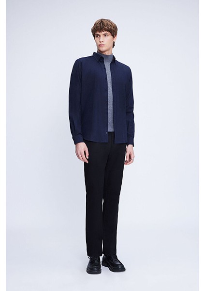 Lacivert Slim Fit Uzun Kol Düğmeli Yaka Flanel Gömlek