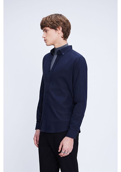 Lacivert Slim Fit Uzun Kol Düğmeli Yaka Flanel Gömlek