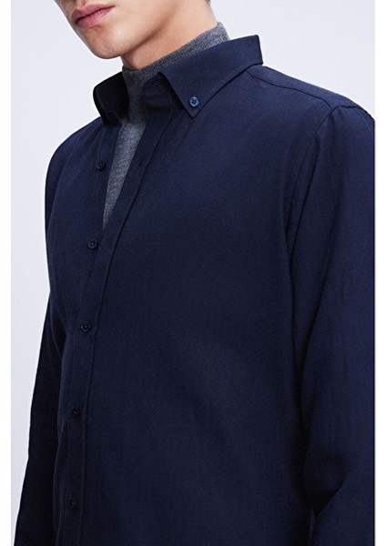 Lacivert Slim Fit Uzun Kol Düğmeli Yaka Flanel Gömlek