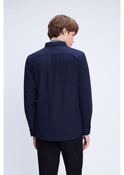 Lacivert Slim Fit Uzun Kol Düğmeli Yaka Flanel Gömlek