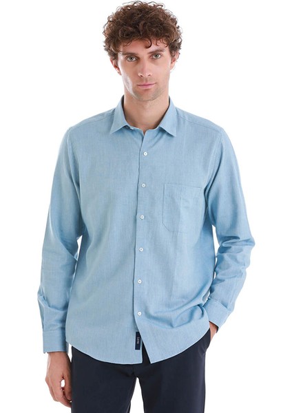 Mavi Slim Fit Desenli 100% Pamuklu Düğmeli Yaka Uzun Kollu Casual Gömlek