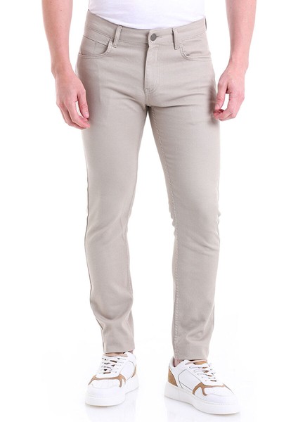 Bej Slim Fit Desenli Pamuklu 5 Cep Kanvas Pantolon