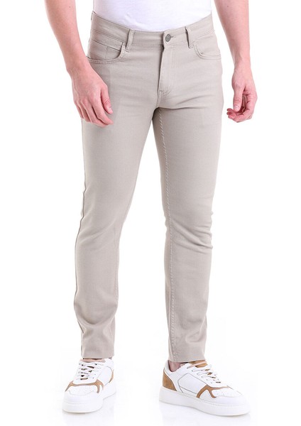 Bej Slim Fit Desenli Pamuklu 5 Cep Kanvas Pantolon