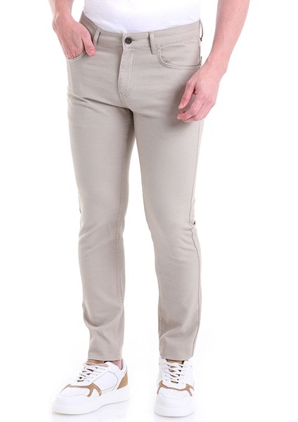 Bej Slim Fit Desenli Pamuklu 5 Cep Kanvas Pantolon