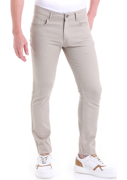 Bej Slim Fit Desenli Pamuklu 5 Cep Kanvas Pantolon