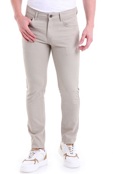 Bej Slim Fit Desenli Pamuklu 5 Cep Kanvas Pantolon