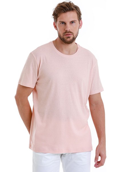 Pembe Regular Fit Düz Bisiklet Yaka Keten Tişört