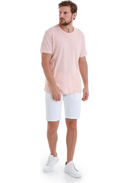 Pembe Regular Fit Düz Bisiklet Yaka Keten Tişört