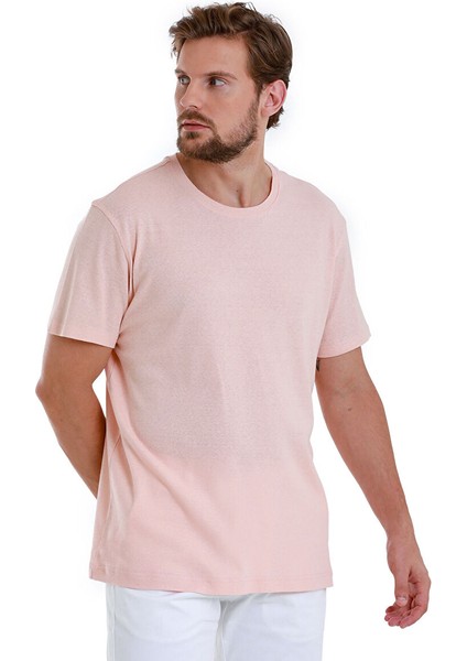 Pembe Regular Fit Düz Bisiklet Yaka Keten Tişört