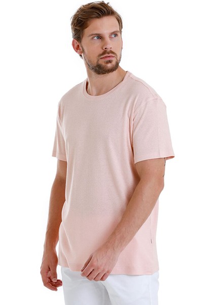Pembe Regular Fit Düz Bisiklet Yaka Keten Tişört