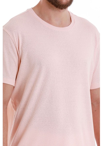 Pembe Regular Fit Düz Bisiklet Yaka Keten Tişört