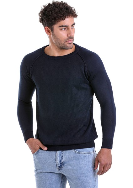 Lacivert Regular Fit Bisiklet Yaka Triko Yün Kazak