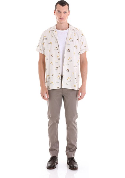 Kahverengi Comfort Fit Baskılı Apaş Yaka 100% Pamuklu Kısa Kollu Casual Gömlek fiyatları
