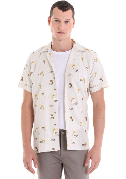 Kahverengi Comfort Fit Baskılı Apaş Yaka 100% Pamuklu Kısa Kollu Casual Gömlek modelleri