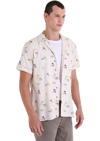 Kahverengi Comfort Fit Baskılı Apaş Yaka 100% Pamuklu Kısa Kollu Casual Gömlek fırsatları
