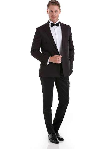 Bordo Slim Fit Düz Sivri Yaka Klasik Kruvaze Smokin Damatlık
