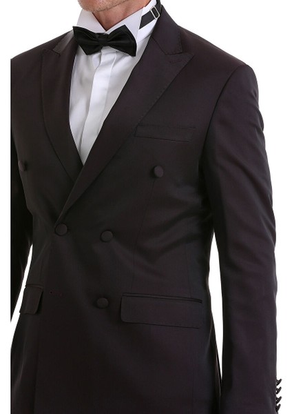 Bordo Slim Fit Düz Sivri Yaka Klasik Kruvaze Smokin Damatlık