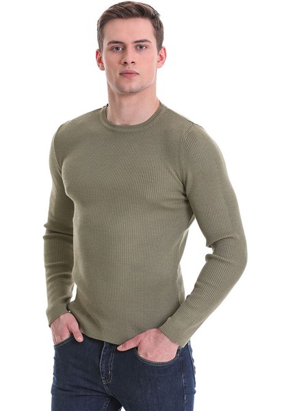Yeşil Slim Fit Fitilli Bisiklet Yaka Yünlü Triko Kazak