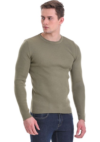 Yeşil Slim Fit Fitilli Bisiklet Yaka Yünlü Triko Kazak fırsatları