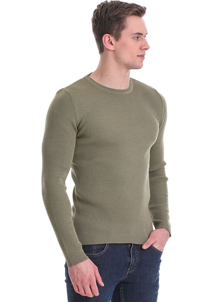 Yeşil Slim Fit Fitilli Bisiklet Yaka Yünlü Triko Kazak indirimleri