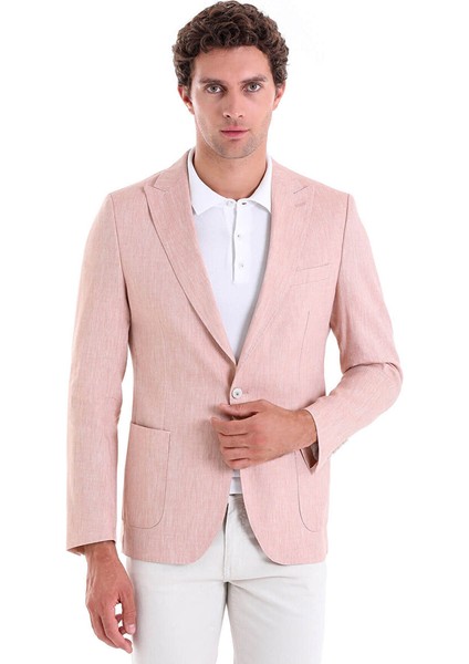 Kahverengi Slim Fit Düz Sivri Yaka Casual Keten Ceket