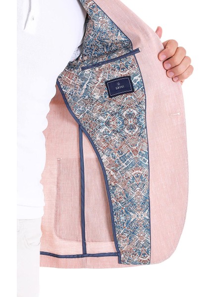 Kahverengi Slim Fit Düz Sivri Yaka Casual Keten Ceket