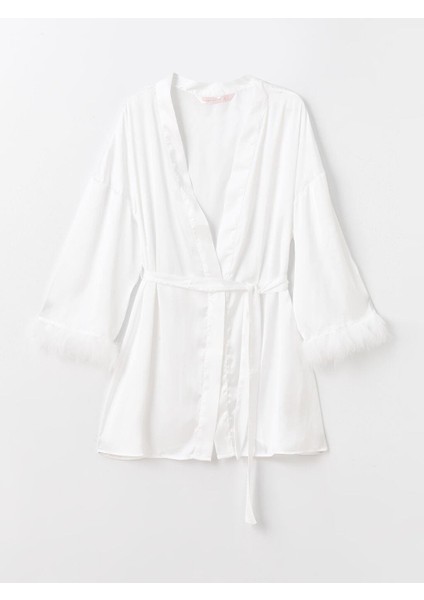 Dream Ekru Şal Yaka Düz Uzun Kollu Saten Kadın Sabahlık