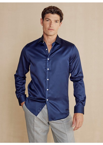 Slim Fit Italyan Yaka Lacivert Erkek Gömlek BBSS24MSH028