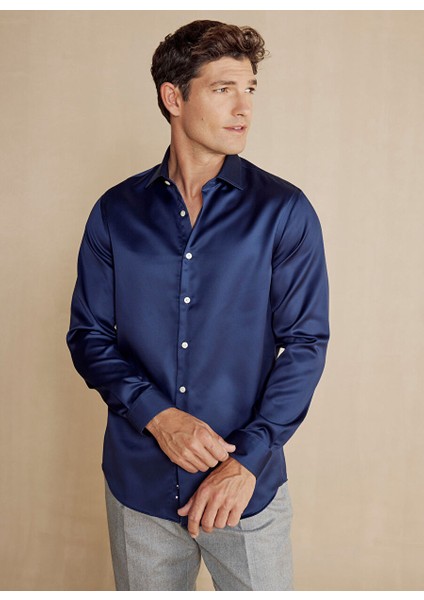 Slim Fit Italyan Yaka Lacivert Erkek Gömlek BBSS24MSH028 fiyatları