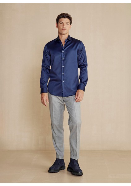 Slim Fit Italyan Yaka Lacivert Erkek Gömlek BBSS24MSH028 modelleri