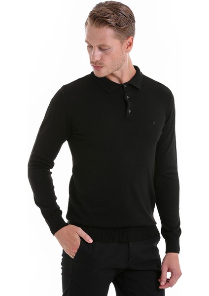 Siyah Regular Fit Düz Polo Yaka Triko Kazak modelleri