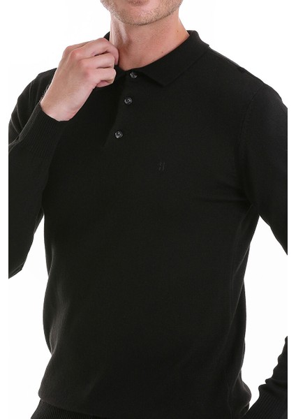 Siyah Regular Fit Düz Polo Yaka Triko Kazak fırsatları