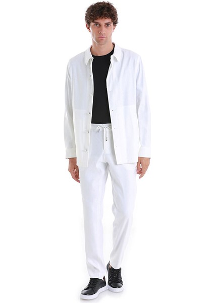 Beyaz Regular Fit Düz Mono Yaka Keten Overshirt Spor Takım