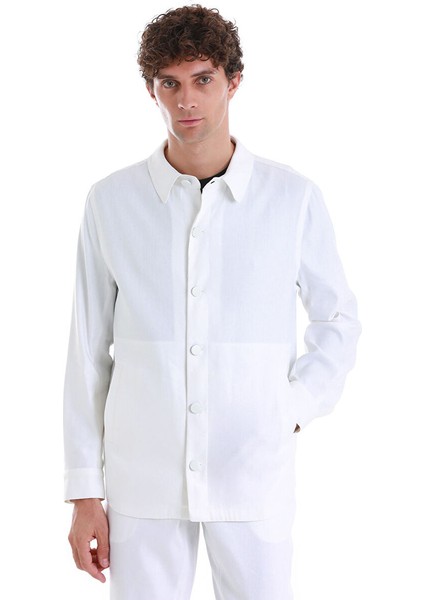 Beyaz Regular Fit Düz Mono Yaka Keten Overshirt Spor Takım fiyatları
