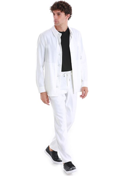 Beyaz Regular Fit Düz Mono Yaka Keten Overshirt Spor Takım modelleri