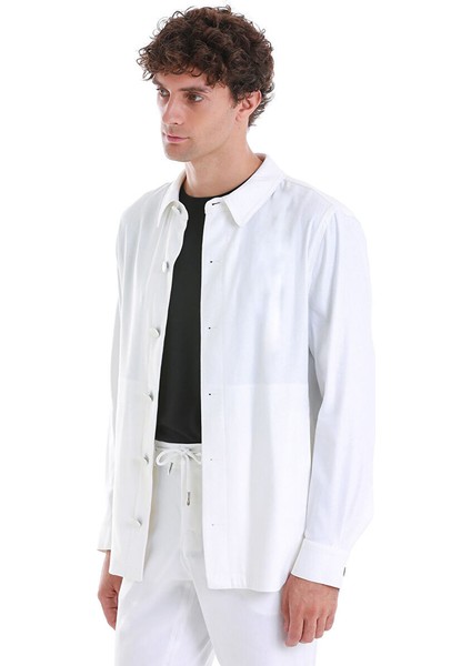 Beyaz Regular Fit Düz Mono Yaka Keten Overshirt Spor Takım fırsatları
